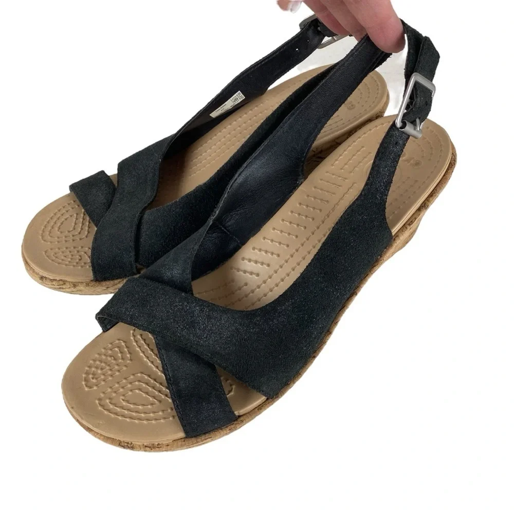 Crocs A-Leigh Sandals Cork Wedge Heel Sandals Size 10 Black Shimmer Leather